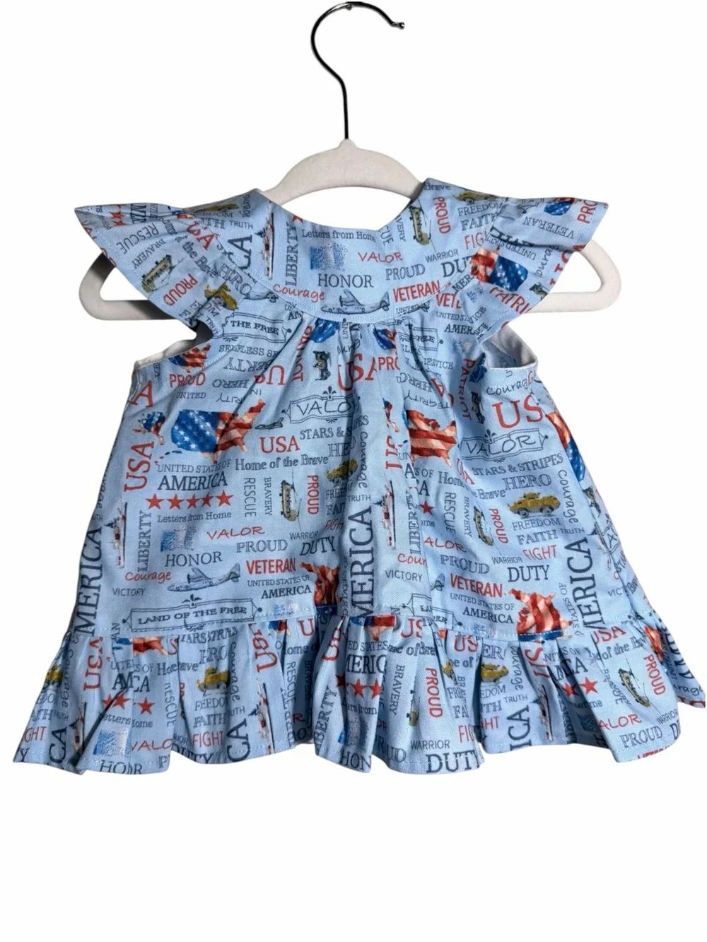 Blue Patriotic Print Ruffle Hem Kids Dress Bloomers American Flag